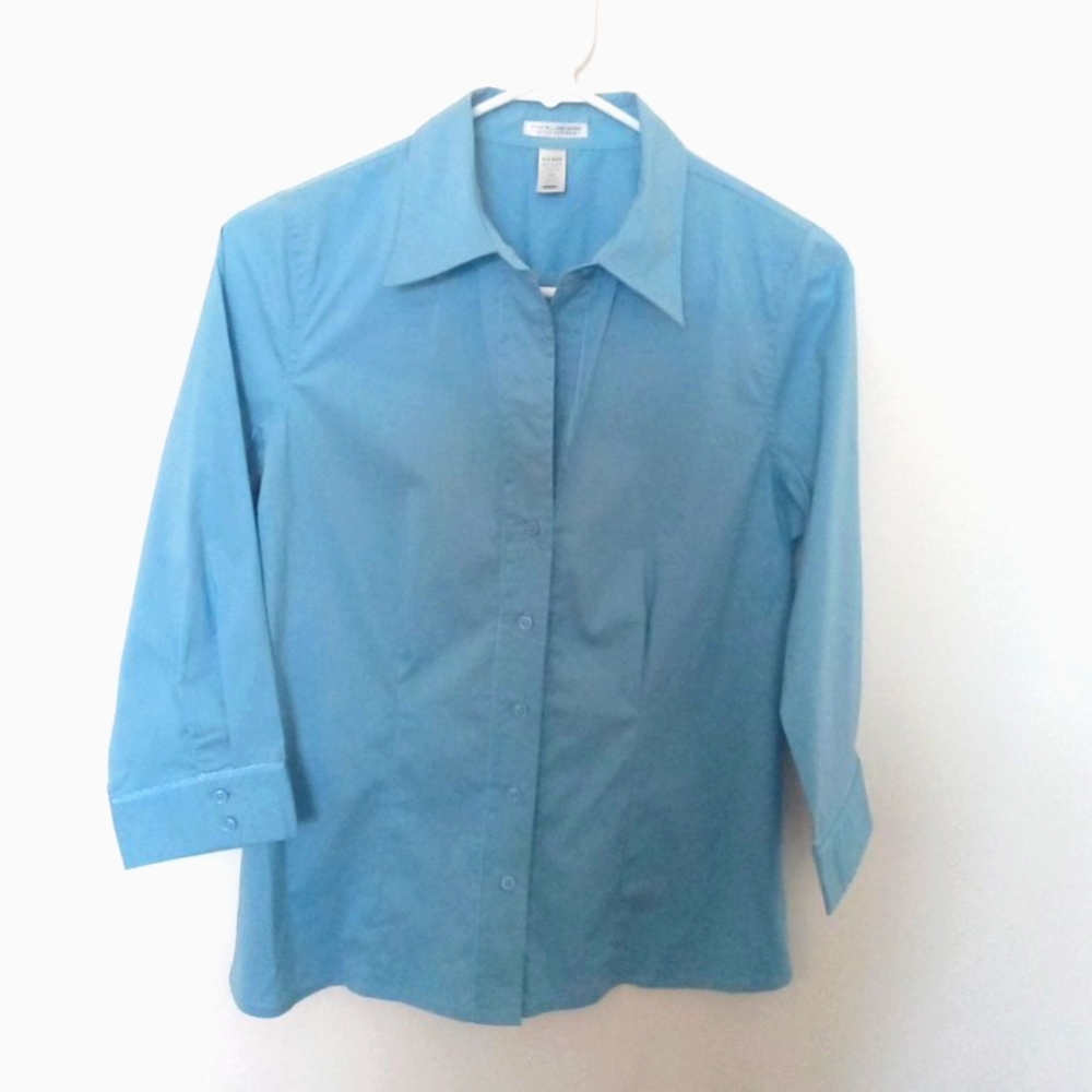Old Navy Women's Perfect Fit Stretch Blue 3/4 Sleeve Button Up Shirt Size Small